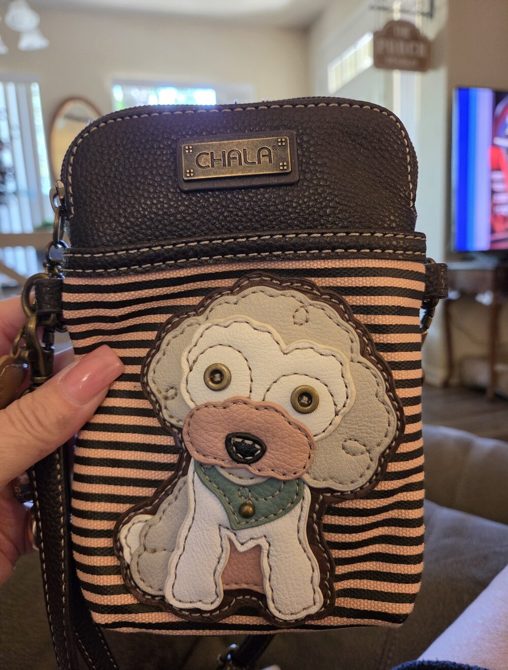 Chala• Striped Crossbody with Poodle Appliqué - Pink & Brown